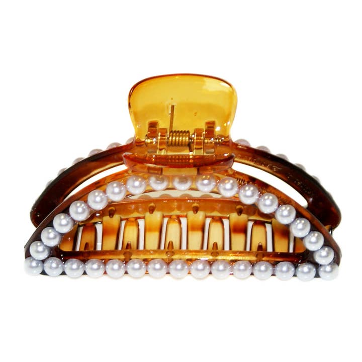 Große D-Kralle mit Perlenverzierung - Schildkröte/Perle - HHC345 für den Großhandel von Hepburn & Co.