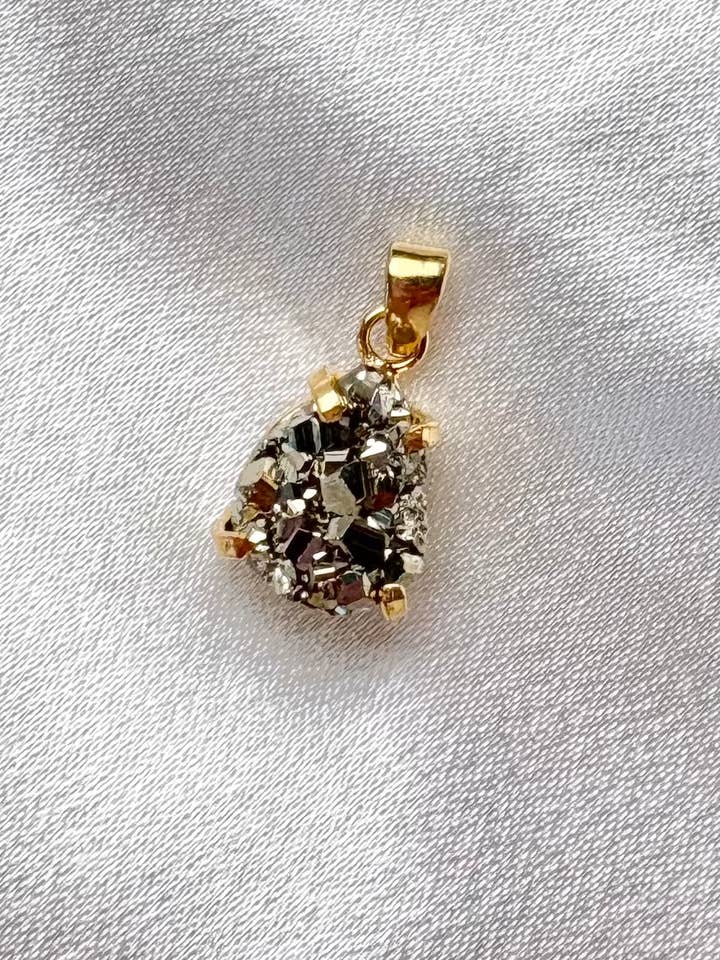 Pyrite Tear Drop Pendant – Hand-Cut Natural Stone 18K Gold Plated for wholesale by Aqua Brasil LLC