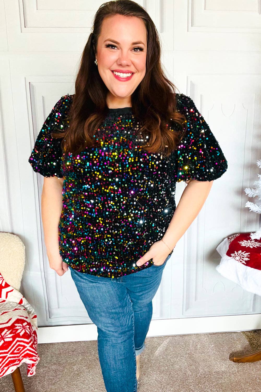 Promenade - Wholesale Blouse - Women's - Holiday Ready Black Velvet Multicolor Sequin Puff Sleeve Holiday Top (Open Pack)11