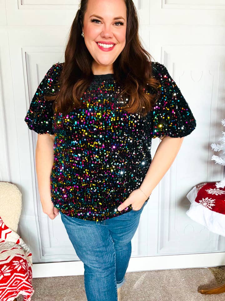 Promenade - Vente Chemisier – femme - Haut de fête en velours noir à sequins multicolores avec manches bouffantes (paquet ouvert)11