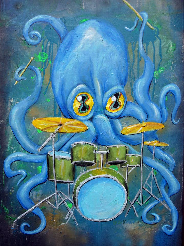 Drummer Octopus (original art print) 11 x17 for wholesale by Extravaganza of Strange : Art of Bili Kribbs