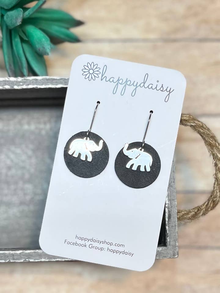 Pendientes circulares de cuero negro con colgante de elefante para venta al por mayor de happydaisy