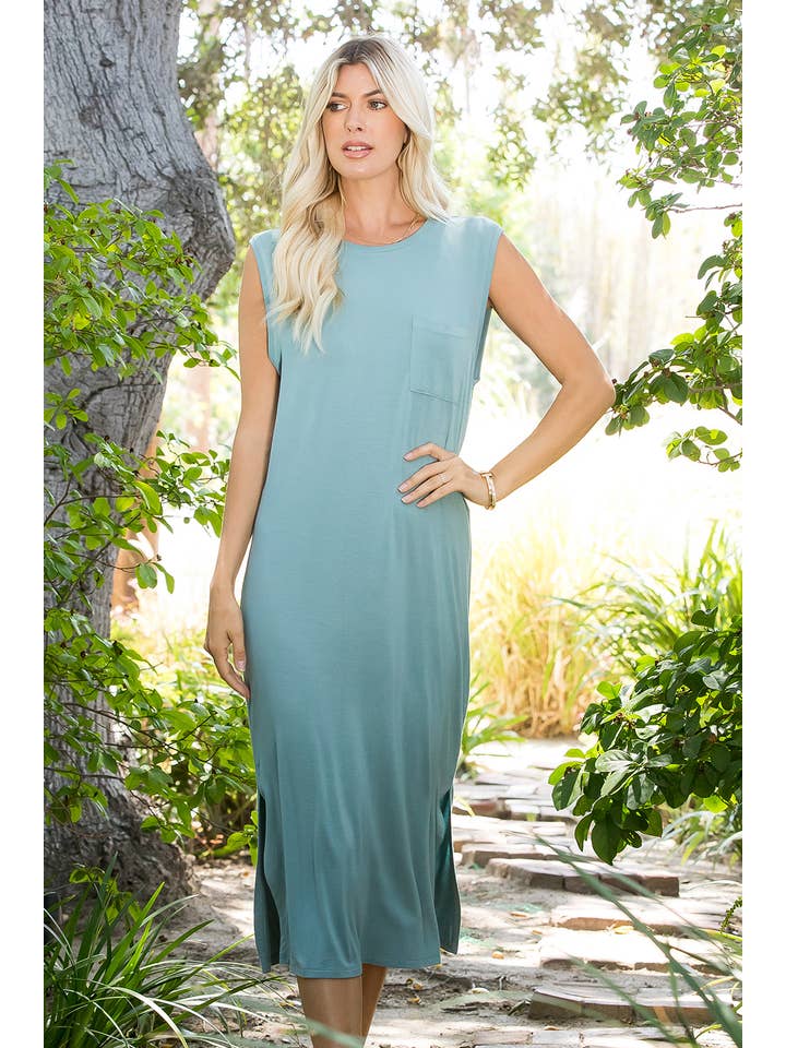 Sweet Lovely by Jen - Wholesale Dress - Women's - CASUAL JERSEY KNIT SOLID POCKET SLEEVELESS MIDI DRESS