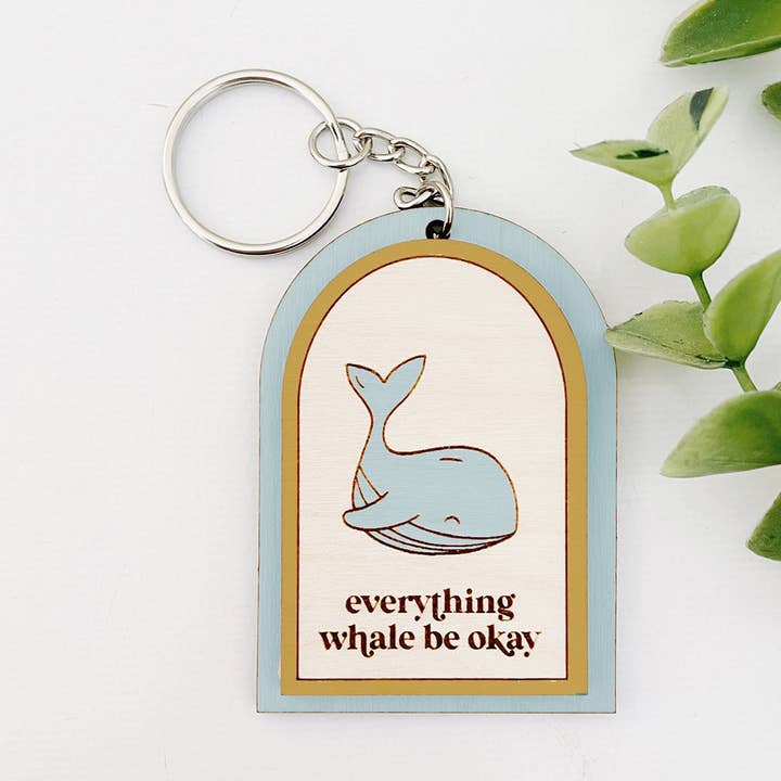 Funny Keychain Whale Keychain Birch Wood Handpainted for wholesale by Remember November, Inc