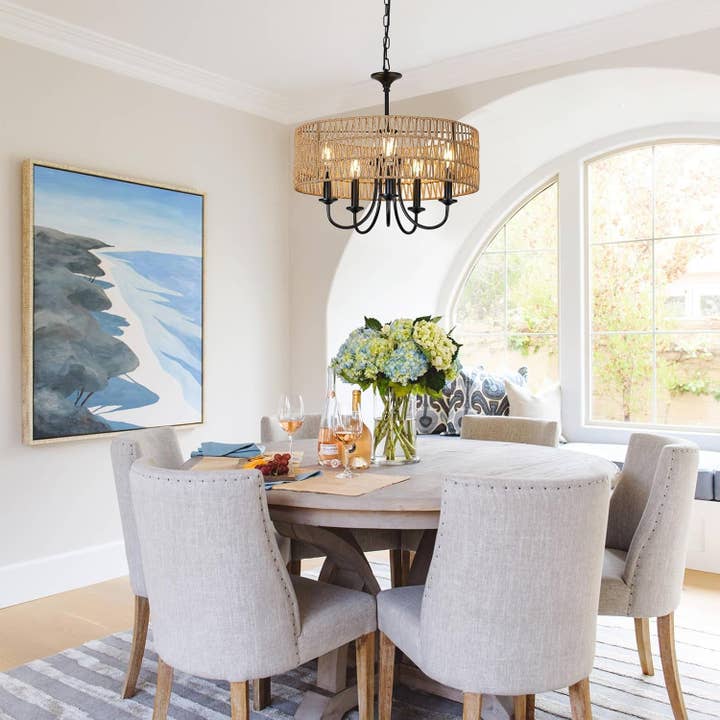 Modern Farmhouse Chandelier Light Fixtures, 5-Lights Large Rattan Pendant Lighting with Hand Woven Wicker Shade, Boho Black Chandeliers for Dining Room Living Room Kitchen Island Bedroom for wholesale on Faire
