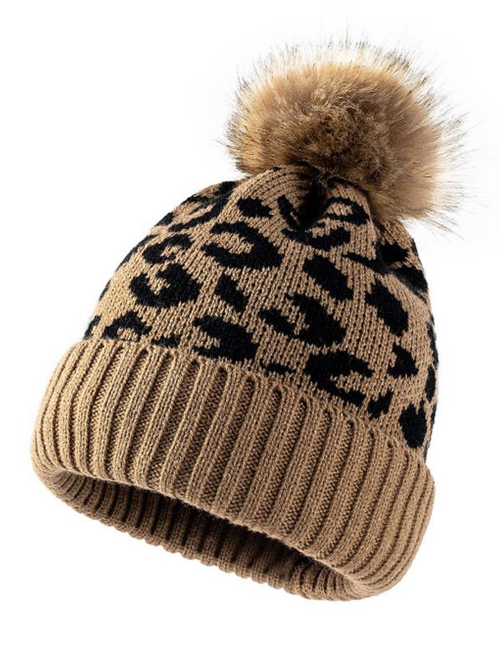 Leopard Print Warm Knit Pom Beanie DPKB0209 for wholesale by Dipped Shop