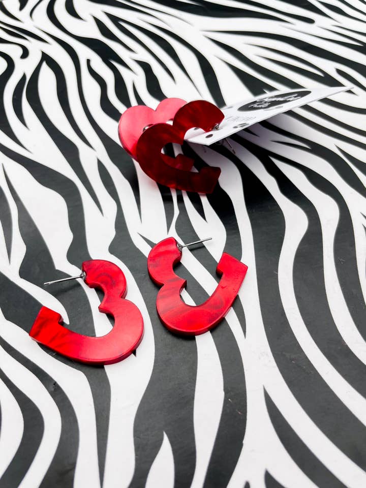 Large Deep Red Marble Acrylic Heart Hoops for wholesale by Sapphire Frills Ltd