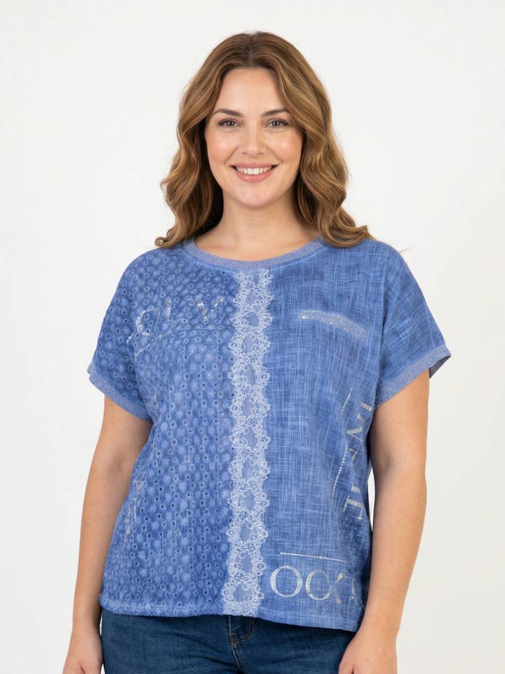 T-shirt azul tamanho grande (C8013) por atacado de Pomme Rouge Paris