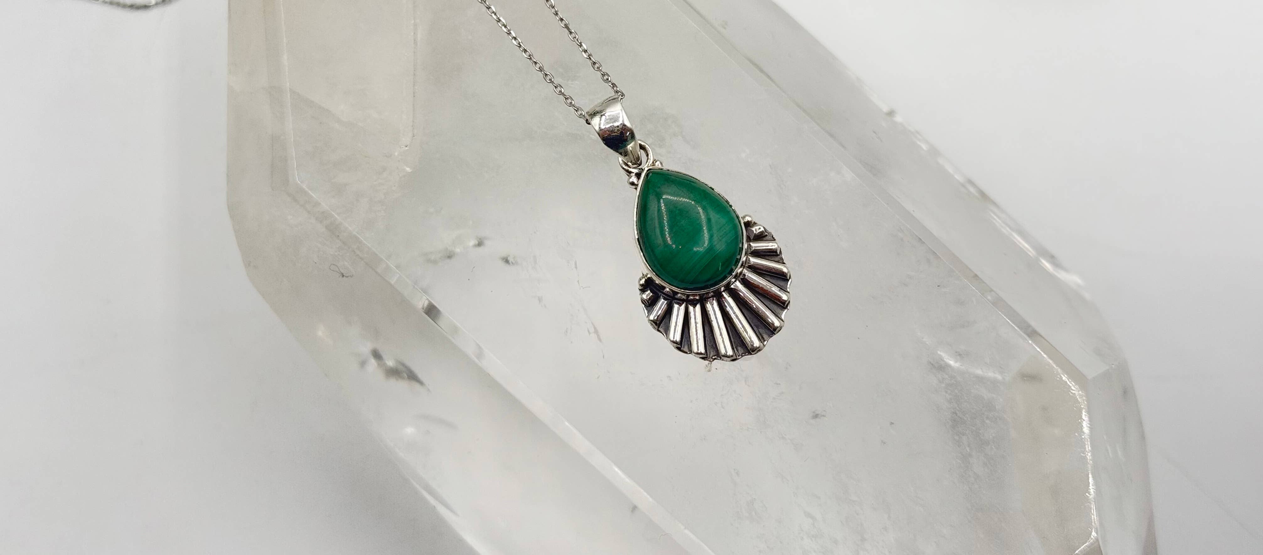 Meraki Gemstones - Wholesale Individual Charm/Pendant - Malachite Tear Drop Cabochon Gem Pendant Sterling Silver/9254