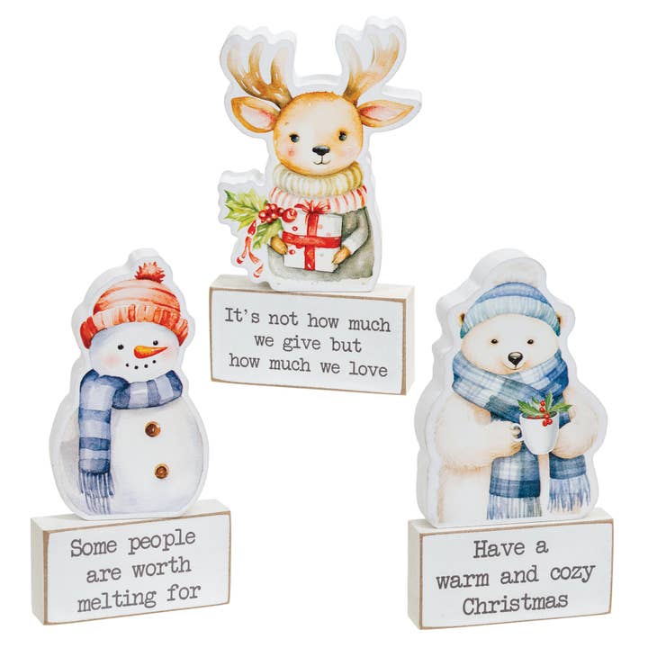 2/Set - Cozy Woodland Friend Wooden Sitter & Block - 3 Asstd for wholesale by The Hearthside Collection
