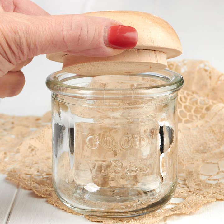Factory Direct Craft - Wholesale Jar - Embossed Glass Jar w/ Domed Natural Wood Lid - Select Saying