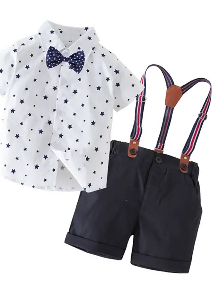 Fennco Styles - Wholesale Clothing Set - Baby - Star Print Dress Shirt, Shorts & Suspenders 3pcs Boy Outfit