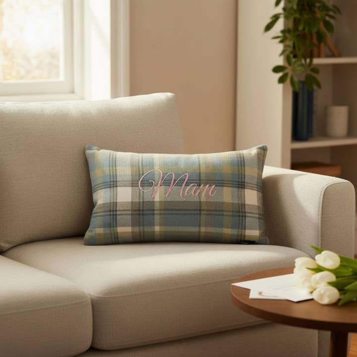 Mam Blue Balmoral Check Wool Touch Square cushion for wholesale by Moose & Co
