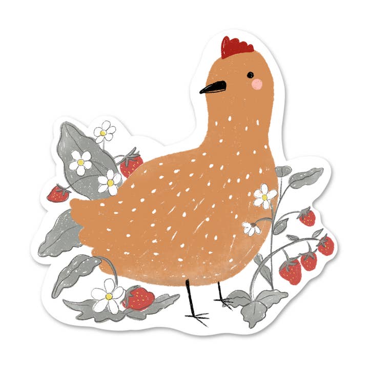 Autocollant poule et fraises pour la vente par New Moon Paper Goods