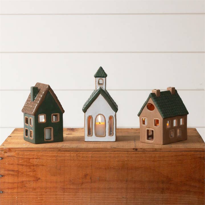 Audrey's Home & Gift - Wholesale Decorative Figurine - Ceramic Houses And Church, Sage, Tan, And White (Pk/03 Ast)