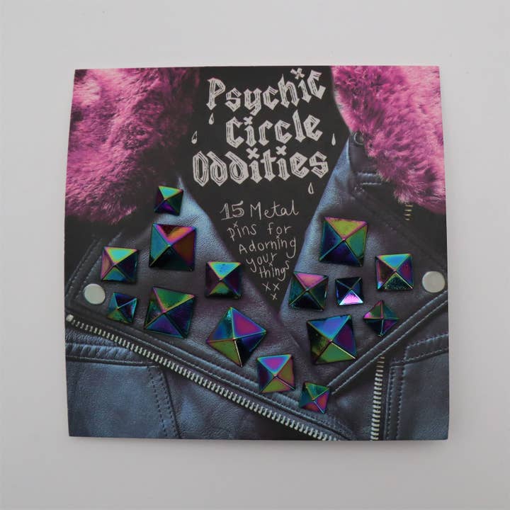 Psychic circle oddities - Wholesale Brooch - Rainbow colored metal pyramid stud pin set- 15 pieces! Great1