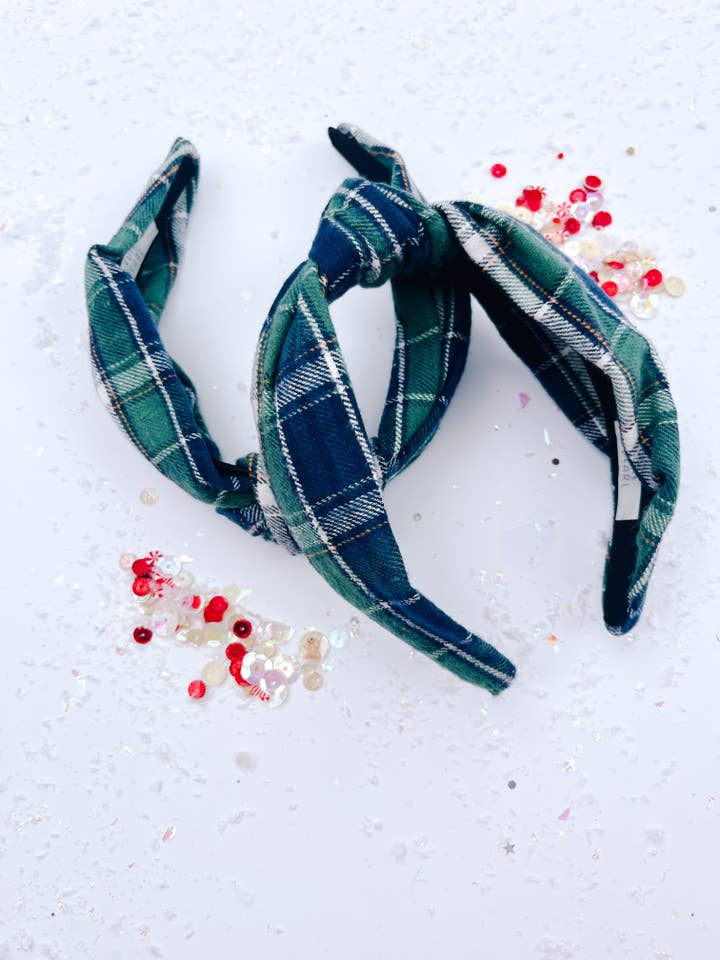 Navy Green Plaid Knotted Headband for Girls & Women for wholesale by Evie Pearl Handmade LLC
