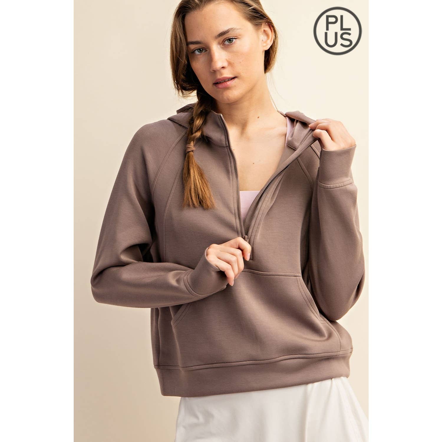 Rae Mode - Vente Veste de sport – femme - VESTE À CAPUCHE QUART DE ZIP EN SCUBA MODAL GRANDE TAILLE40