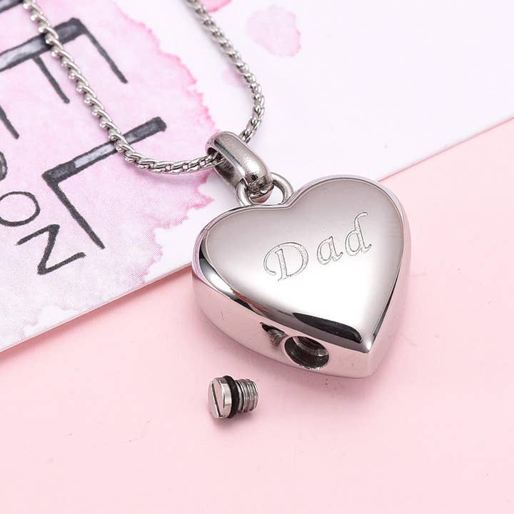 Cherished Emblems – wholesale Pendant/charm necklace – Simple Heart Cremation Urn Necklace Etched With Dad