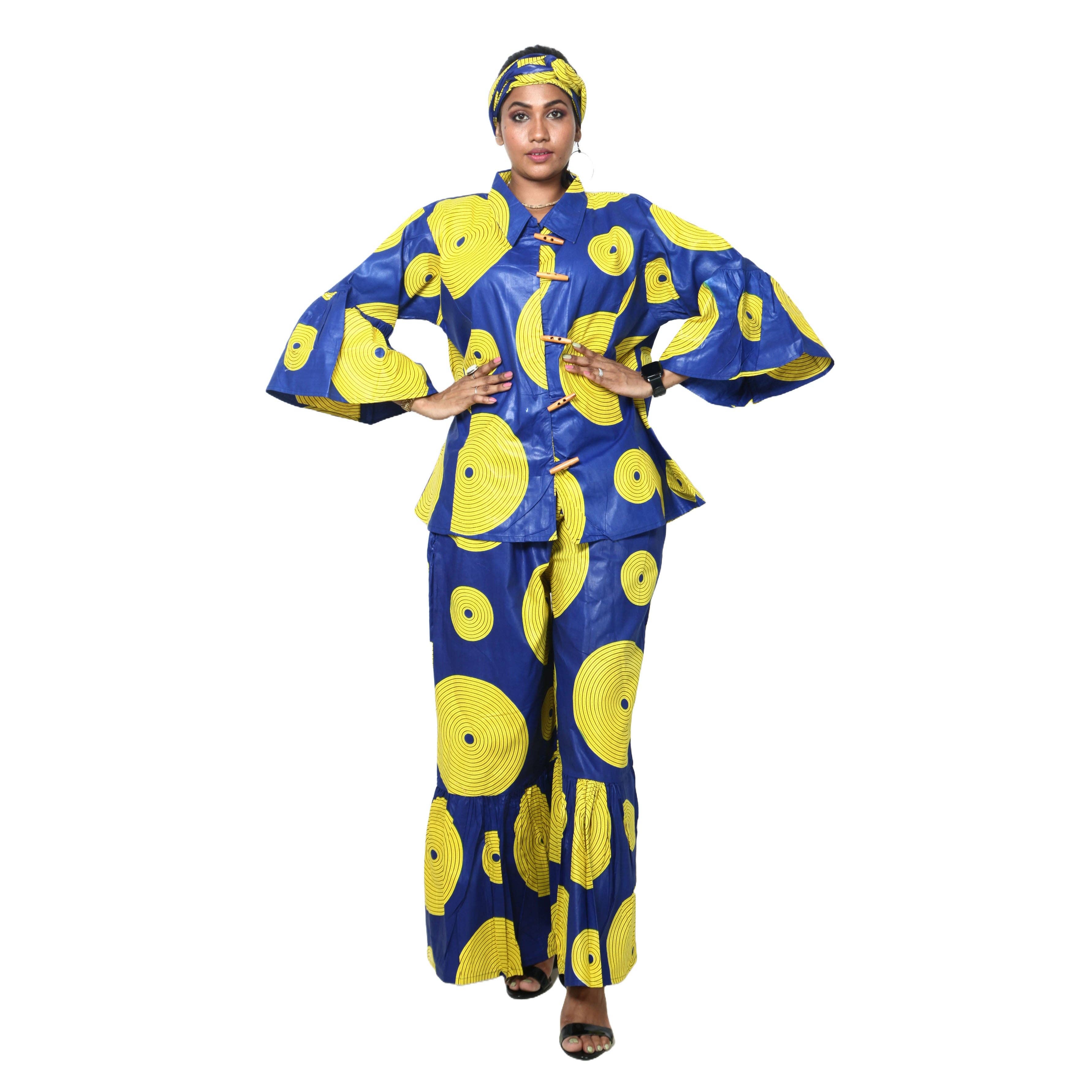 African Stars - Vente Ensemble haut et pantalon (PAS d'intérieur) - Femme - Ensemble Chemisier Femme et Pantalon Palazzo -- Imprimé FI-40509