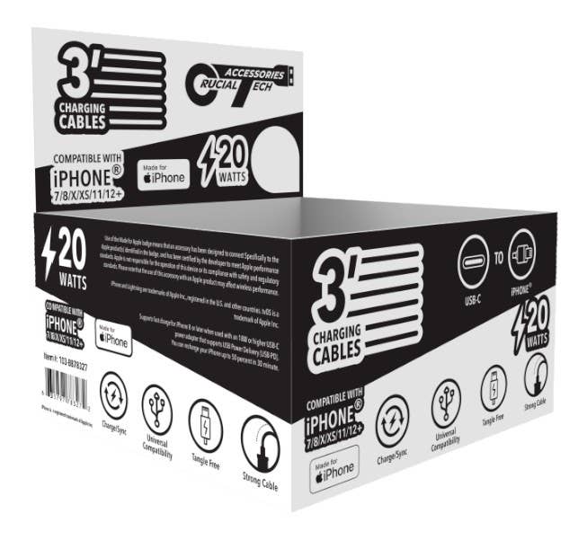 Smithco Distributing - Vendita all'ingrosso Cavo di ricarica - Cavo di ricarica e sincronizzazione da USB-C a iPhone da 3 piedi PDQ Box - 25 pezzi/scatola