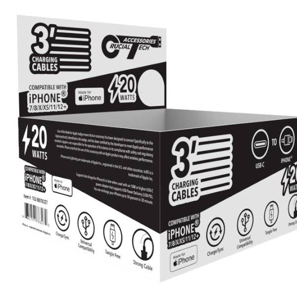 Smithco Distributing - Wholesale Charging Cable - Charge & Sync USBC To iPhone 3ft Cable PDQ Box - 25 PCS/Box
