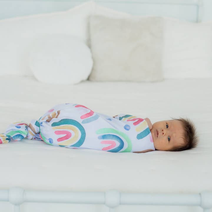 Buttery Soft and Stretchy Swaddle Blanket - Blue Rainbow for wholesale by Honey Lemonade- Minky Baby Blankets and Gifts