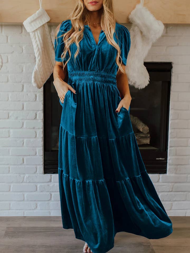 Prussian Blue Velvet Shirred Waist Tiered Maxi Dress for wholesale by Our Home to Yours Candles & Gifts