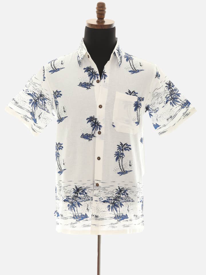Camicia da uomo in cotone pregiato con stampa di palme della Thailandia per la vendita all'ingrosso da parte di Shoreline Wear. INC