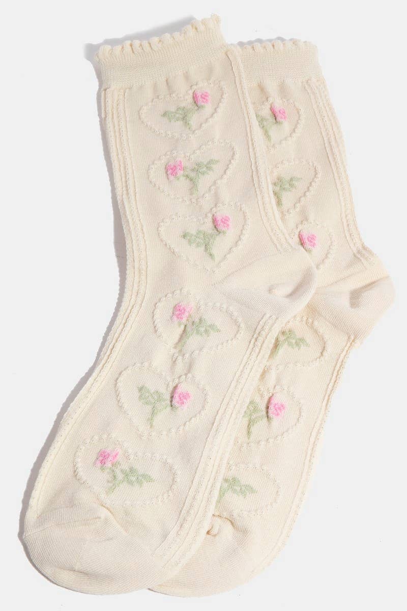Beige Heart Halo Flower Embroidered Socks for wholesale on Faire0