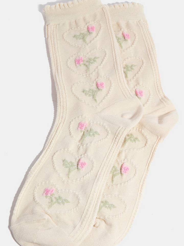 Beige Heart Halo Flower Embroidered Socks for wholesale on Faire