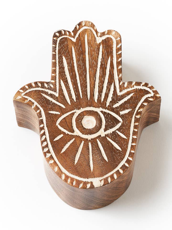 Hamsa aus Mangoholz mit Evil Eye Box für den Großhandel von Matr Boomie Fair Trade