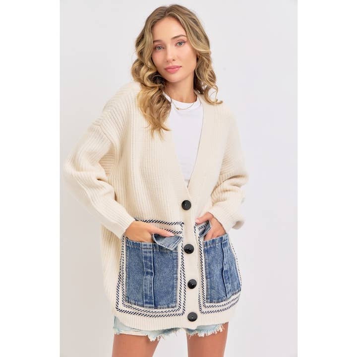 IVORY Knit Sweater Cardigan with Denim Pockets for wholesale on Faire2