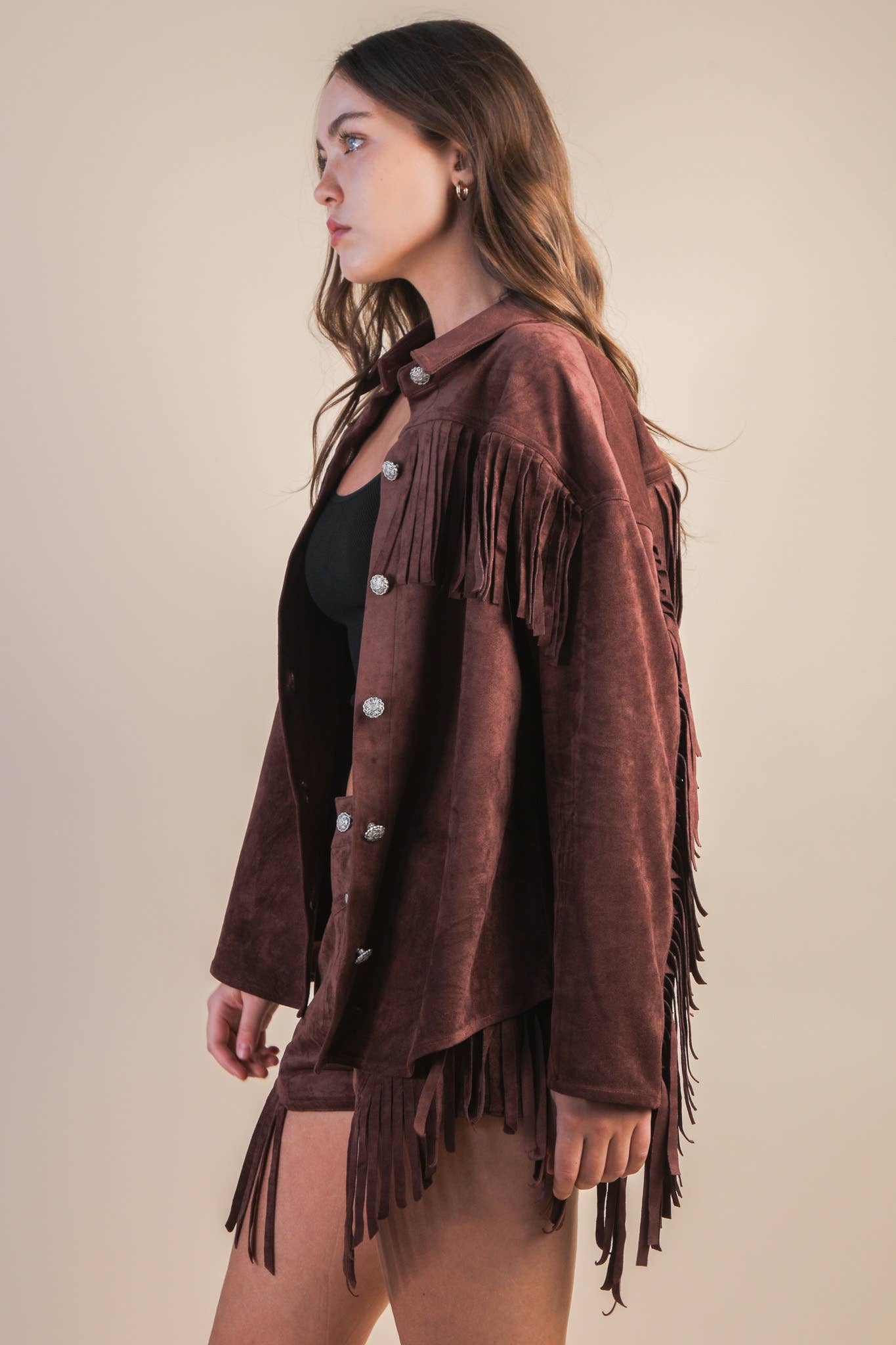 VERY J - Wholesale Jacket - Women's - NJ90387-Suede Fring Detail Western Jacket Shacket14