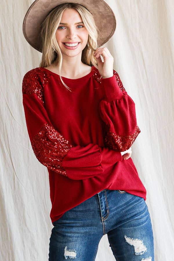 7th Ray - Wholesale Knit Top - Women's - Women's Casual Brush Knit Top with Sequin Contrast T43995