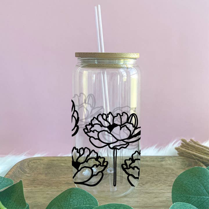 Peonies Glass Can for wholesale by Cups4Cuties