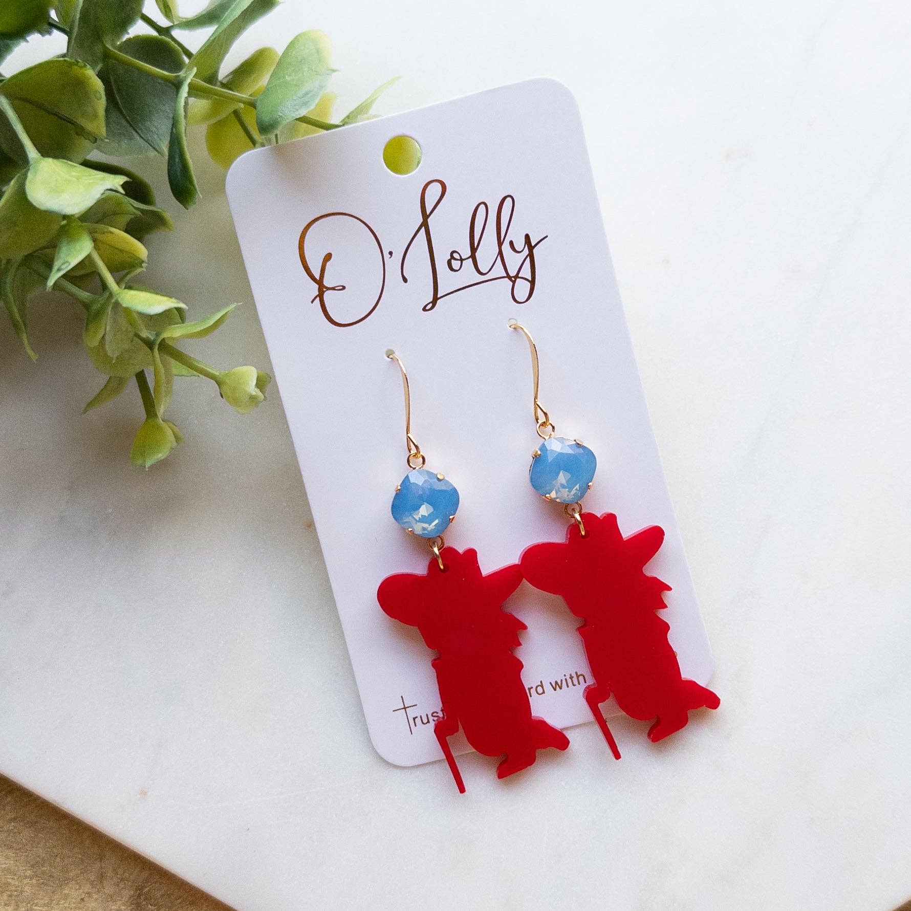 O’Lolly Jewelry - Wholesale Dangle Earrings - Red Acrylic Rebel Man Earrings w/Blue Stone2