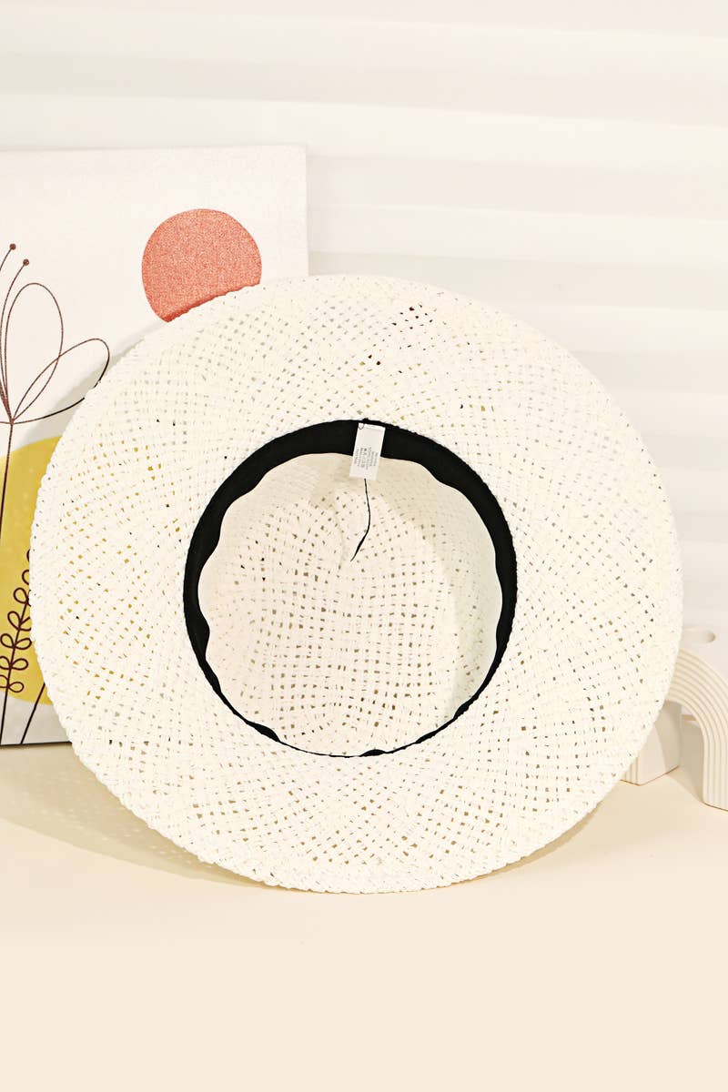 WHITE Straw Braided Flat Brim Sun Hat for wholesale on Faire2
