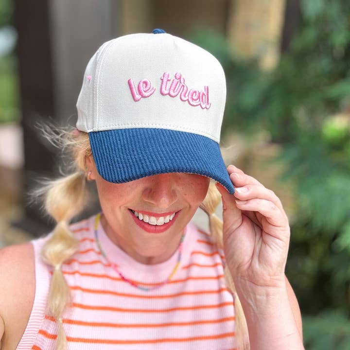 Taylor Elliott Designs - Wholesale Baseball Cap - Women's - Embroidered Baseball Cap - "Le Tired" -Cream + Blue Corduroy2