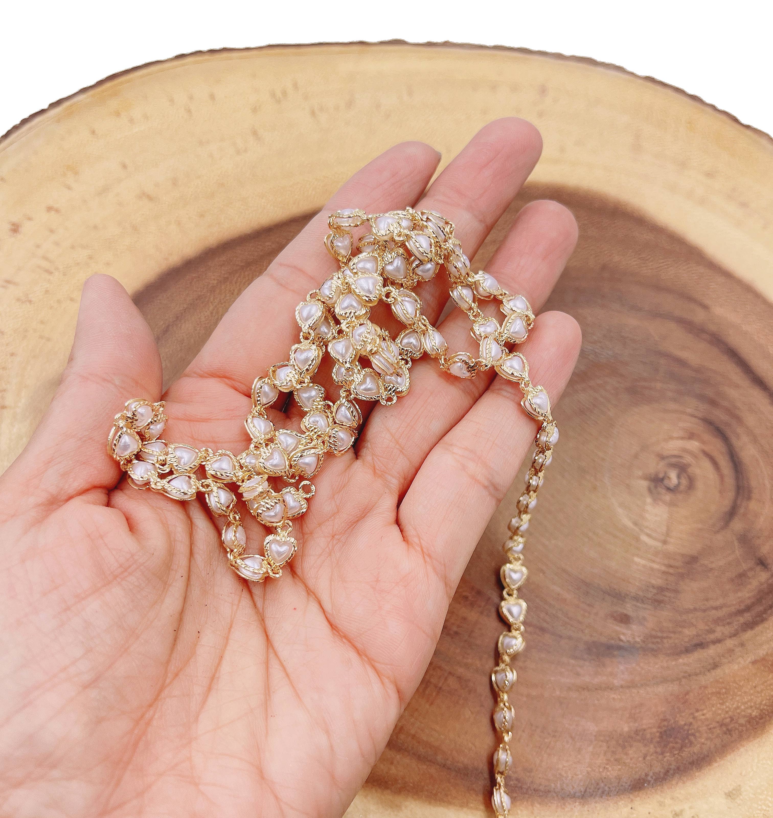 Beads Creation – wholesale Beads – White Pearl Heart Chain, MOP Pearl Chain by Foot, CH2967