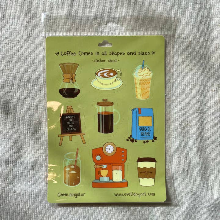 Kaffe Vinyl Klistermærkeark – 5x7 Café-inspirerede Design for engroshandel hos Tiday Art