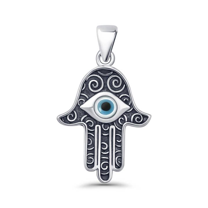 Hand Of Hamsa & Evil Eye Pendant Oxidized for wholesale by Blue Apple Imports
