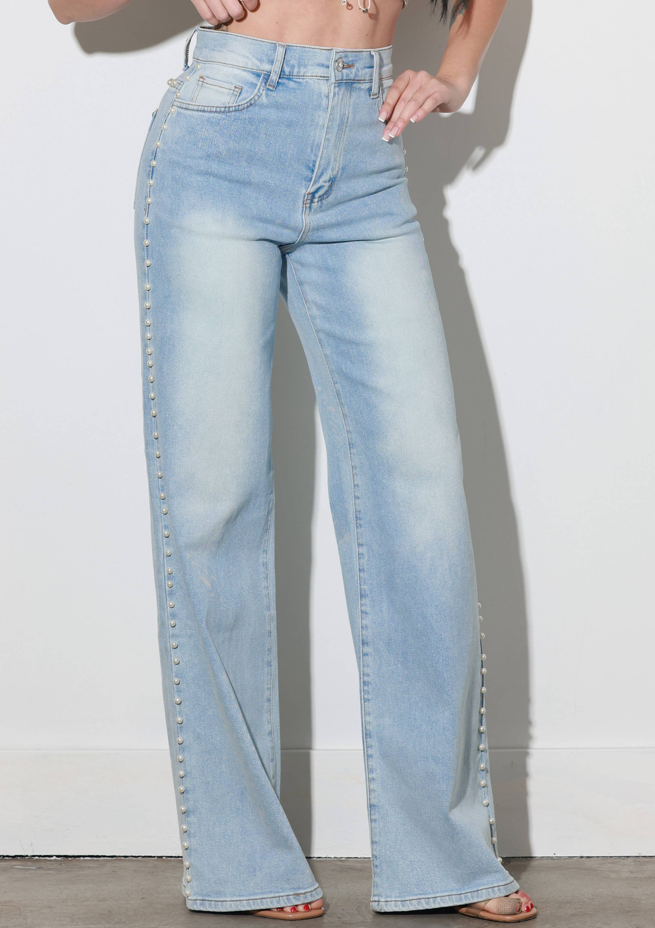 Light Stone Pearl Stud High Rise Wide Jeans for wholesale on Faire0