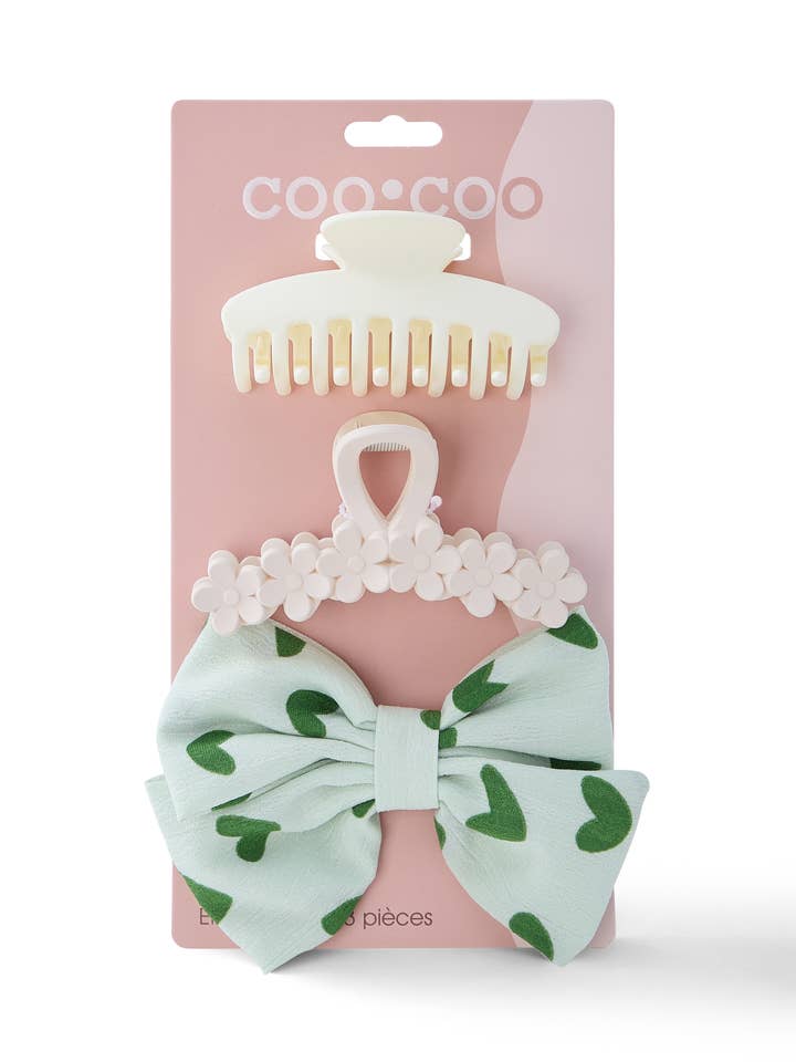 Set 3 pezzi Flower Claw + Fiocco - Crema/Verde felce per la vendita all'ingrosso da parte di CooCoo Beauty