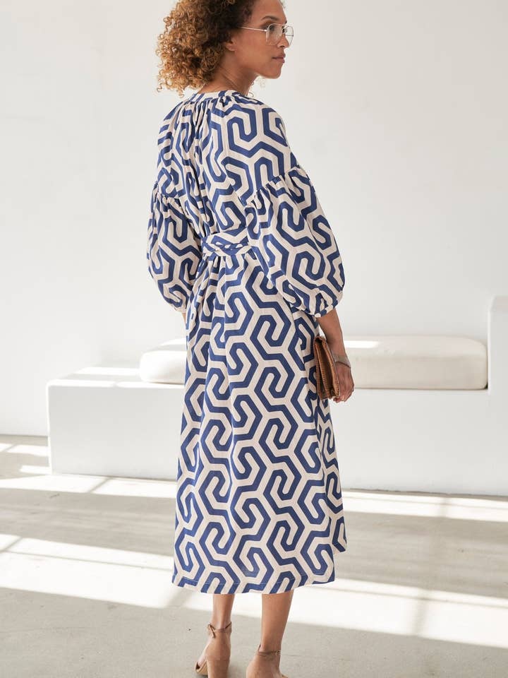 ocean+main - Wholesale Dress - Women's - Navy Geometric Cotton Belted Aubrey Peasant Dress with Pockets