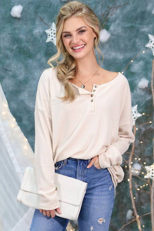 NINEXIS - Wholesale Knit Top - Women's - CWTTL450_BUTTON PLACKET LONG SLEEVE WAFFLE TOP3