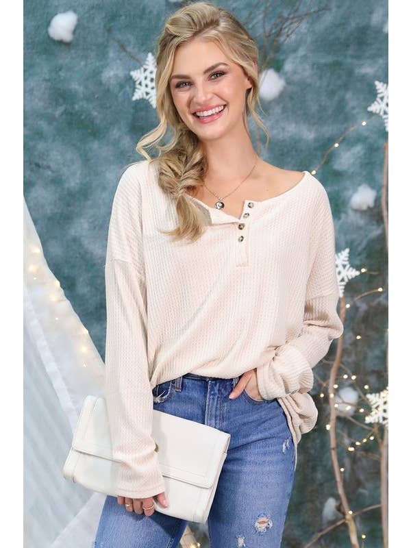 NINEXIS - Wholesale Knit Top - Women's - CWTTL450_BUTTON PLACKET LONG SLEEVE WAFFLE TOP3