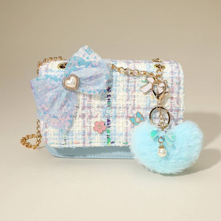 HOT FOCUS - Kids Fuzzy Plush Heart Charm Bow Pearl Flower Butterfly Charm Embellished Tweed Crossbody Bag for wholesale by Sensibling Corp.