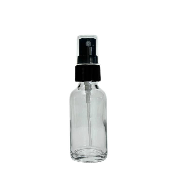 The Bottle Shoppe - Venta al por mayor Soportes para aceites esenciales - Botella de vidrio transparente de 1 oz con rociador de niebla fina negra0