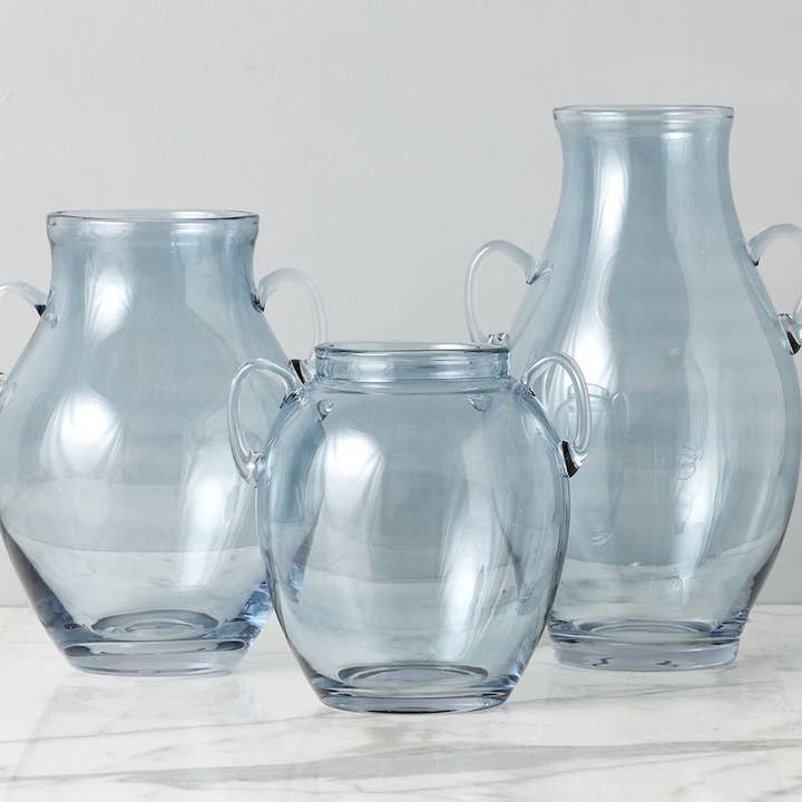 etúHOME - Wholesale Vase - Denim Blue Glass Amphora Flower Vase with Handles, Medium